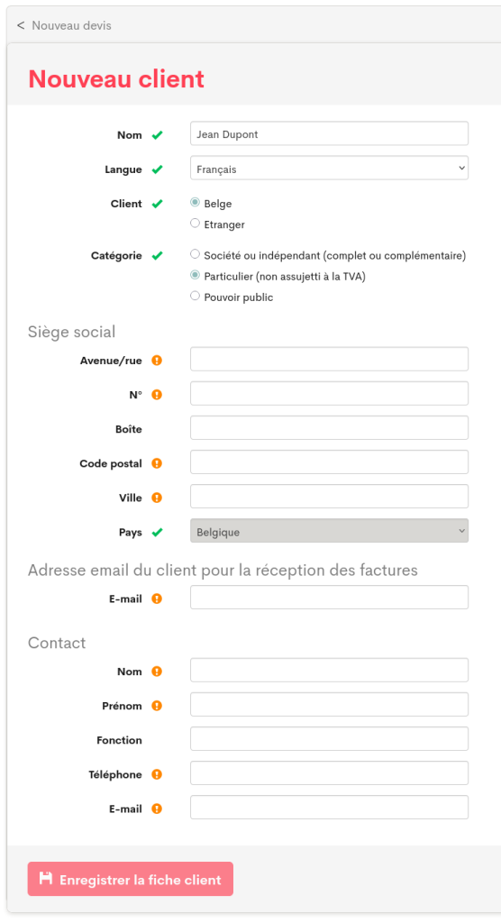 Encodage d'un nouveau client via l'outil de gestion de la Smart.